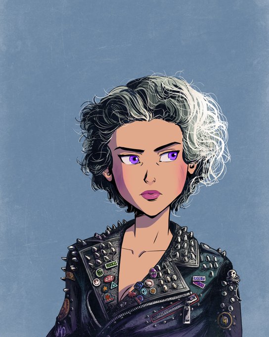 The image features a woman with spiky hair wearing a leather jacket, which has several patches or pins on it. She appears to be posing for the photo while looking off into the distance. The caption "Pivot to NFTs" suggests that there might be an article about NFTs related to this image in the future.