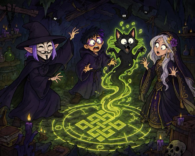 Cartoon illustration of three characters—a purple-haired witch in a Guy Fawkes mask, a surprised wizard, and a white-haired witch—gathered around a glowing green occult symbol, with a black cat spirit emerging from the magic circle.