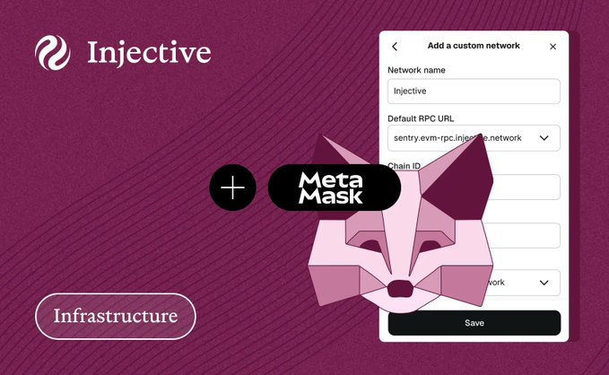 An Injective infrastructure graphic showing the MetaMask logo alongside a 3D wolf illustration and a settings panel for adding a custom network.
