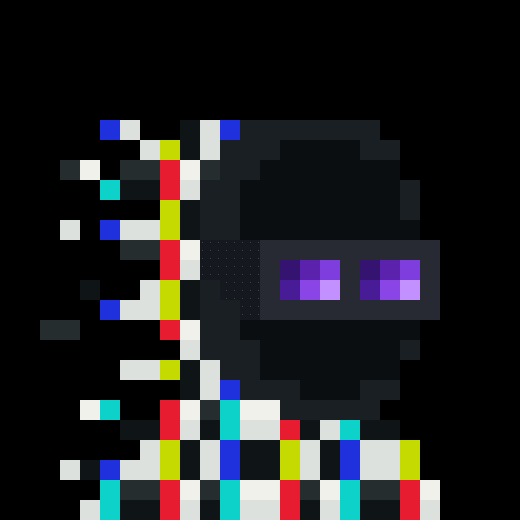 A pixel-art character on a black background with glitch-like horizontal stripes of white, blue, yellow, and red.