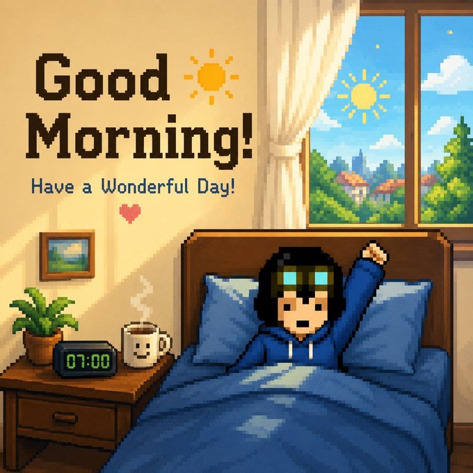 A pixel-art illustration shows a character in a blue hoodie stretching awake in bed, with a digital clock reading 07:00, a smiling coffee mug, and a sunlit window, accompanied by the text "Good Morning! Have a Wonderful Day!" The cozy sunrise scene of waking up early and starting the day pairs naturally with the post's morning greeting and message about being active and engaged ("not just watching from the sideline") in the Web3 space.