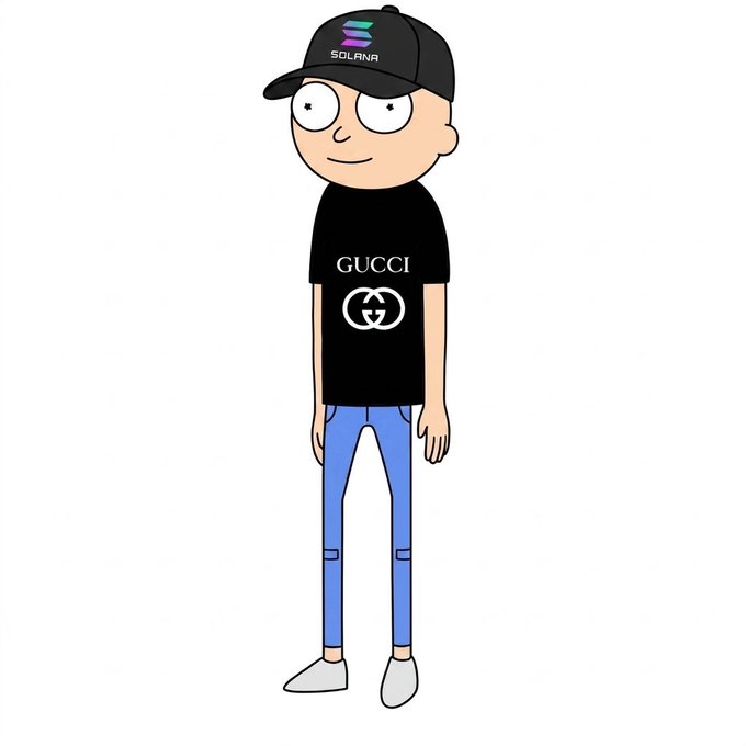 A cartoon character resembling Morty from Rick and Morty wears a black cap with a 'SOLANA' logo, a black 'GUCCI' t-shirt, and blue jeans.