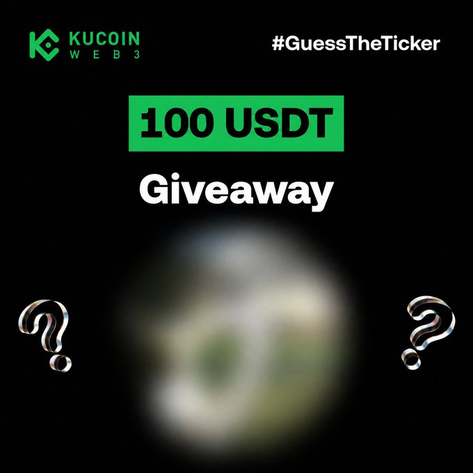 A KuCoin Web3 promotional graphic announces a "100 USDT Giveaway" with a #GuessTheTicker challenge, featuring a blurred cat memecoin image flanked by question marks, encouraging users to guess the trending cat token's ticker for a chance to win.