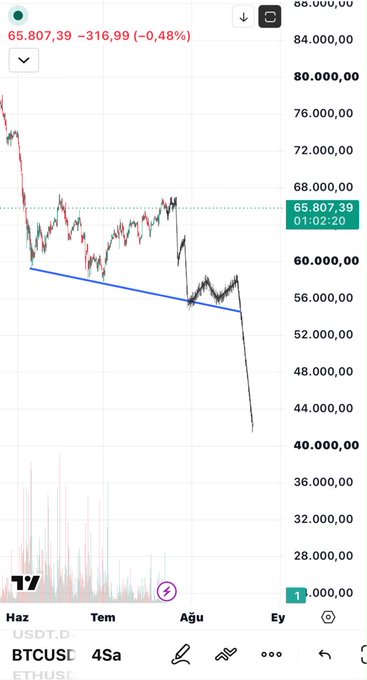 A BTC/USDT price chart shows Bitcoin at $65,807.39, down 0.48% (-$316.99), with a steep recent decline from around $67,000 to lows near $40,000-44,000, visually illustrating the bearish sentiment behind the caption "Bitcoin It will be sad."