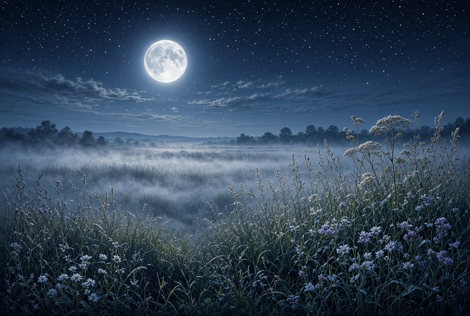 A serene nighttime meadow glows under a luminous full moon, with mist drifting over wildflowers and grasses beneath a star-filled sky. The tranquil scene perfectly captures the peaceful "Good Morning" vibe, fitting the "Happ Sunday" greeting.