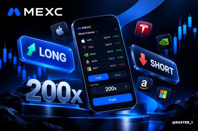A promotional image for 'MEXC' cryptocurrency exchange showing a smartphone displaying stock futures with 200x leverage trading options for AAPL, TSLA, NVDA, AMZN, and MSFT.