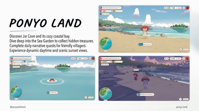 A promotional slide for 'PONYO LAND' shows three in-game screenshots of a coastal setting with the text 'Discover Jar Cove and its cozy coastal bay. Dive deep into the Sea Garden to collect hidden treasures. Complete daily narrative quests for friendly villagers. Experience dynamic daytime and scenic sunset views.'