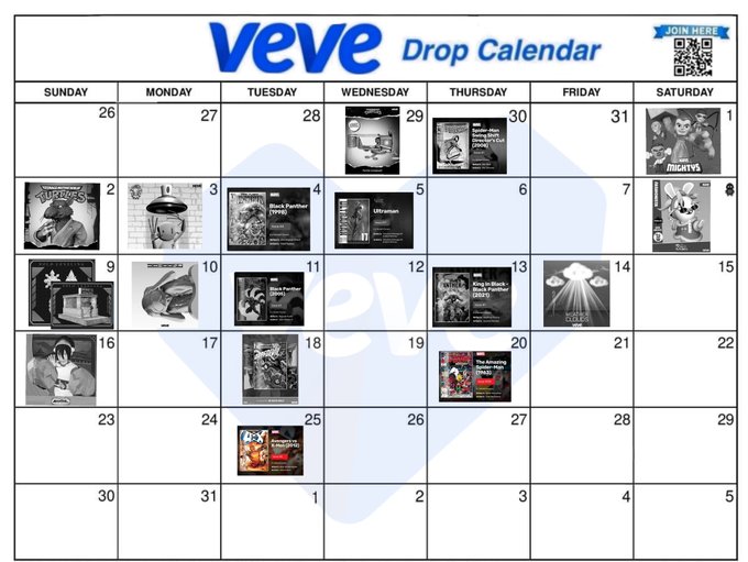 A Veve Drop Calendar displaying various digital collectibles scheduled for release throughout the month, with dates marked and featured comic book and character artwork in each cell.