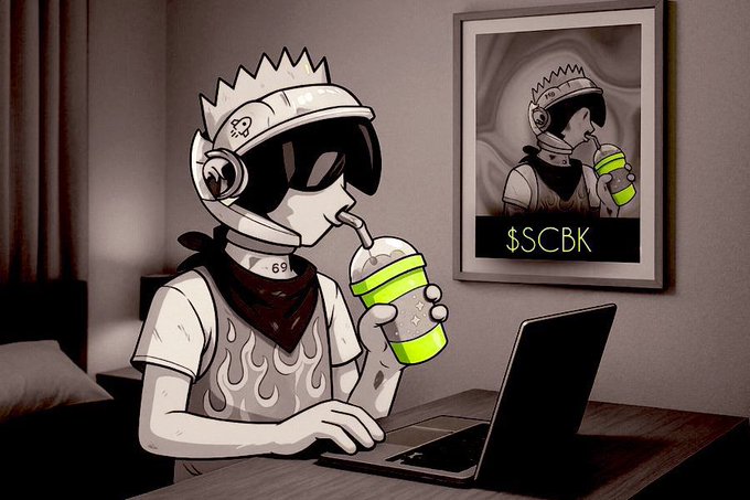 An anime-style illustration of a character wearing a helmet, sunglasses, and a flame-patterned shirt, drinking from a green cup while using a laptop, with a framed '$SCBK' poster on the wall behind them.