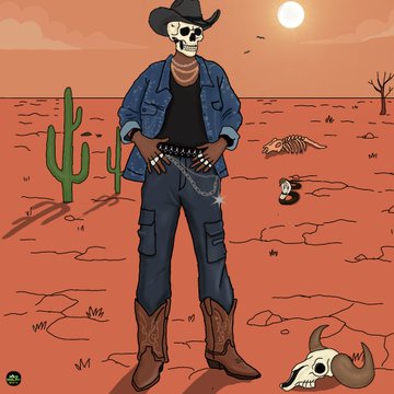 A cartoon skeleton cowboy wearing a black hat, denim jacket, and boots stands in a desert landscape with cacti, a sun, and scattered bones.