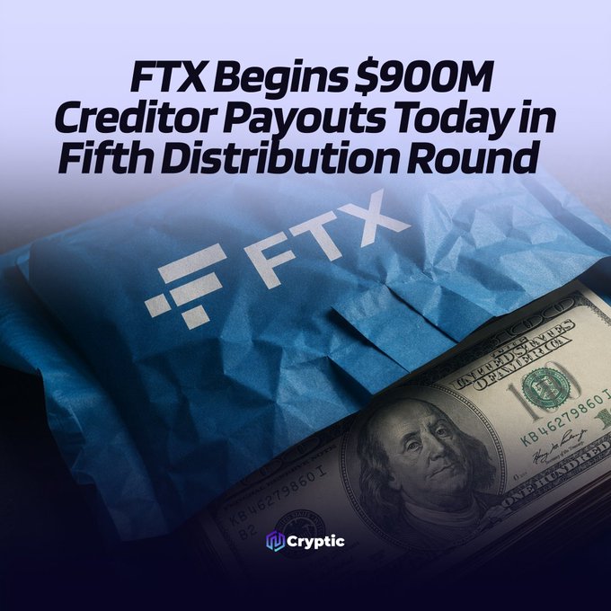 The image features a headline reading "FTX Begins $900M Creditor Payouts Today in Fifth Distribution Round," overlaid on a visual of a crumpled blue FTX-branded paper resting atop a stack of US $100 bills featuring Benjamin Franklin. The Cryptic logo appears in the bottom corner, tying the graphic directly to the post about FTX's latest multi-million dollar creditor repayment milestone.