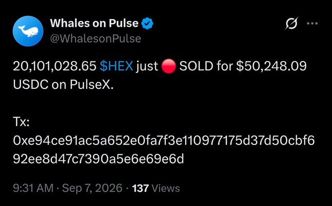 A tweet from "Whales on Pulse" (@WhalesonPulse) reports that 20,101,028.65 $HEX (valued at $50,248.09 USDC) was just sold on PulseX, with the transaction hash 0xe94ce91ac5a652e0fa7f3e110977175d37d50cbf692ee8d47c7390a5e6e69e6d. The accompanying post notes the sale had minimal impact on the chart due to ongoing buy pressure, suggesting HEX is positioned for further upside.
