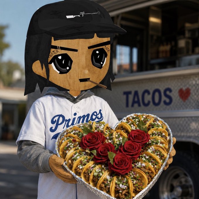 A cardboard cutout figure of an anime-style character with tattoos and a black cap, wearing a "Primos" jersey, holding a heart-shaped arrangement of tacos decorated with red roses, in front of a food truck labeled "TACOS ❤".
