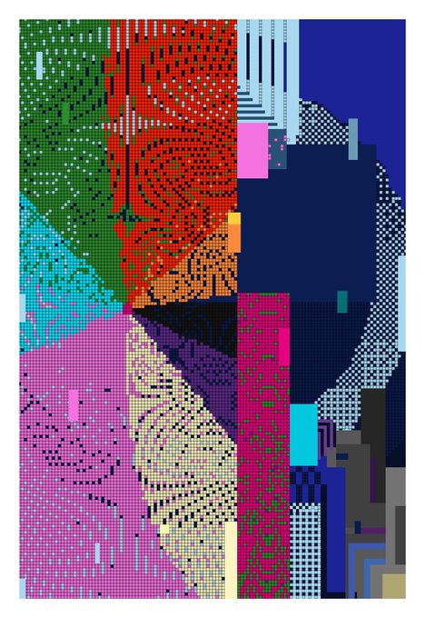 An abstract, colorful digital art collage composed of pixelated and patterned blocks in green, red, blue, pink, and teal tones with dotted textures.