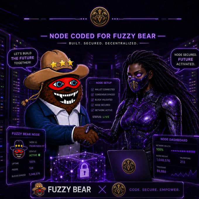 A vibrant purple-themed promotional graphic titled "NODE CODED FOR FUZZY BEAR" shows a cartoon bear in a cowboy hat shaking hands with a futuristic armored female figure, alongside a node setup checklist, dashboard statistics, and the tagline "CODE. SECURE. EMPOWER."