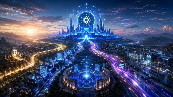 A futuristic digital art landscape featuring a glowing blue central tower structure with a circular emblem, set against a sprawling cityscape at sunset with purple and gold light trails and floating geometric icons.