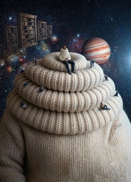 A surreal digital artwork showing a tiny figure sitting atop a large knitted sweater peak that resembles a mountain, with floating doors, a planet resembling Jupiter, and tiny climbers in a cosmic starry background.