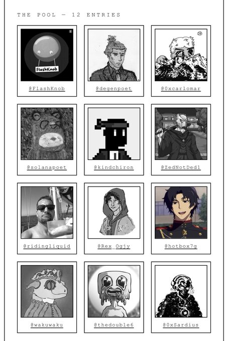 A grid titled 'THE POOL - 12 ENTRIES' displaying 12 user profile images with handles including @FlashKnob, @degenpoet, @oxcarlomar, @solanapoet, @kindchiron, @ZedNotDed1, @ridingliquid, @Reg_OgIy, @hotbox7g, @wakuwaku, @thedouble6, and @OxSardius.