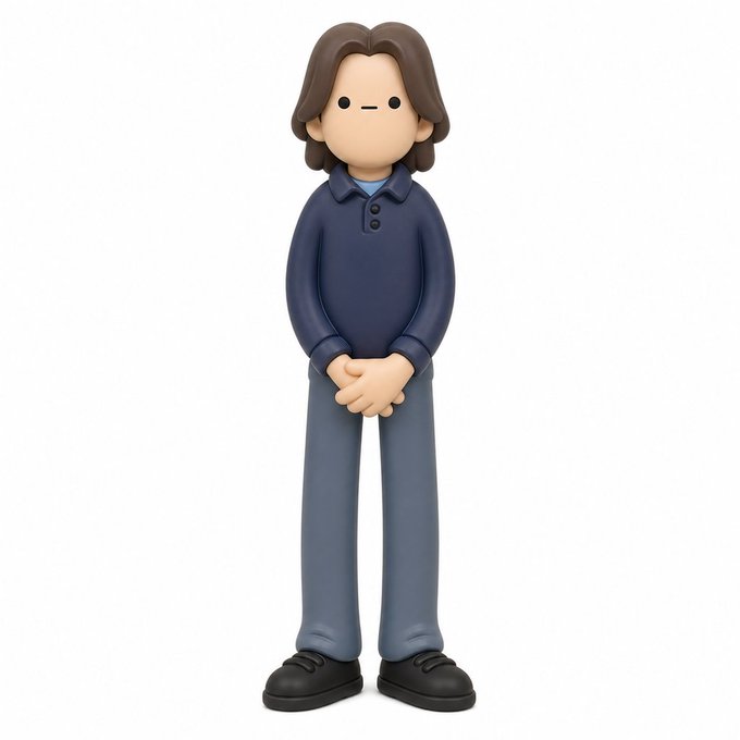 A 3D-rendered figure of a person with brown hair stands with hands clasped in front, wearing a blue collared shirt, blue jeans, and black shoes against a white background.