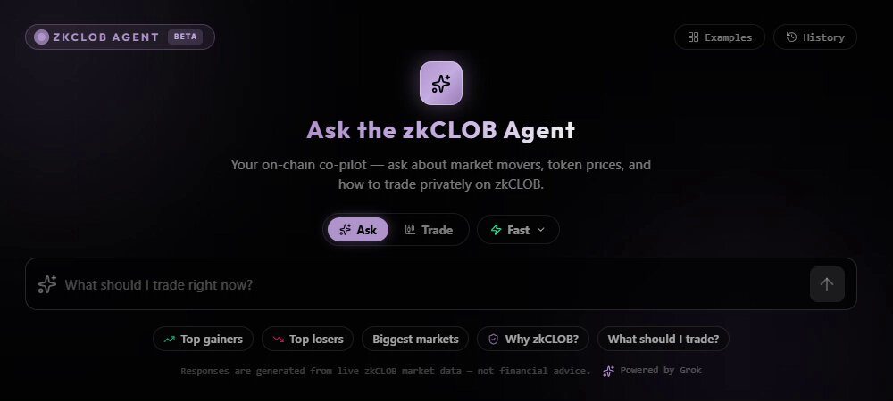 The image presents a screenshot of a website called zkclOB. They claim that they have been working diligently behind the scenes to bring true AI Agents to the market. The main purpose of these agents is to help users find out about various cryptocurrency markets, such as Bitcoin and Ethereum, where they can buy or sell cryptocurrencies, among other things like token prices and executing trades directly with commands using pre-defined buttons.