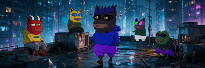 A group of animated cartoon characters, including a bee and a frog wearing masks, gather on a rooftop at night in a neon-lit cityscape. The whimsical illustration appears unrelated to the cryptocurrency giveaway post about EVM wallets and whitelist spots.