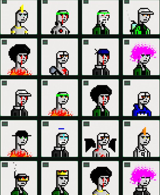 A 5x4 grid displaying 20 pixel-art character avatars with various hairstyles, accessories, and fiery effects, numbered 01 through 20.