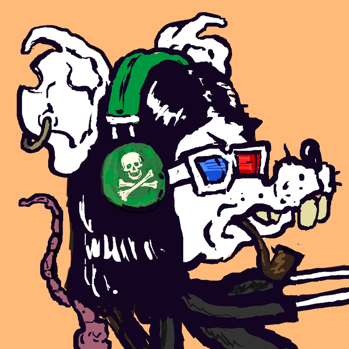 A rough digital illustration depicts a rat-like creature wearing 3D glasses and a green cap, smoking a pipe and holding a pistol, with a green skull-and-crossbones emblem visible on its clothing against an orange background.