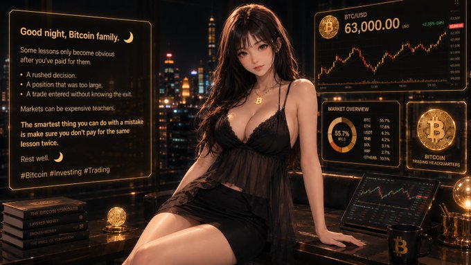 An AI-generated image depicts an anime-style woman in lingerie sitting on a desk in front of a Bitcoin chart and market overview displays, with text on the left starting 'Good night, Bitcoin family.' and showing BTC/USD at 63,000.00.