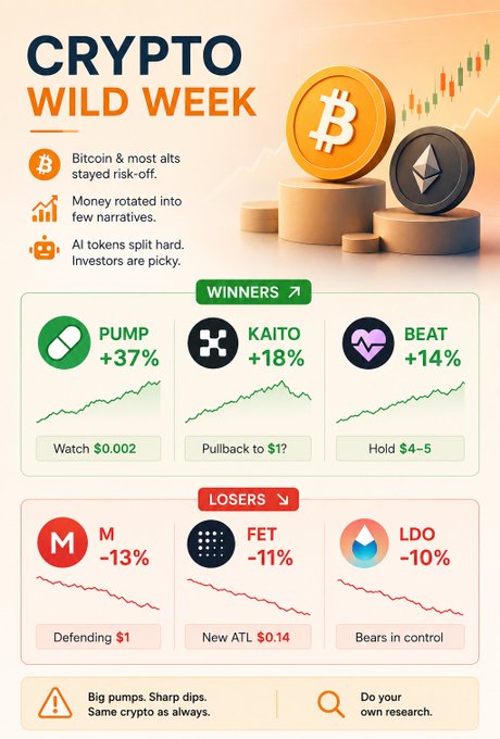 An infographic titled 'CRYPTO WILD WEEK' lists winners like 'PUMP +37%', 'KAITO +18%', and 'BEAT +14%', while losers include 'M -13%', 'FET -11%', and 'LDO -10%' with accompanying mini charts.