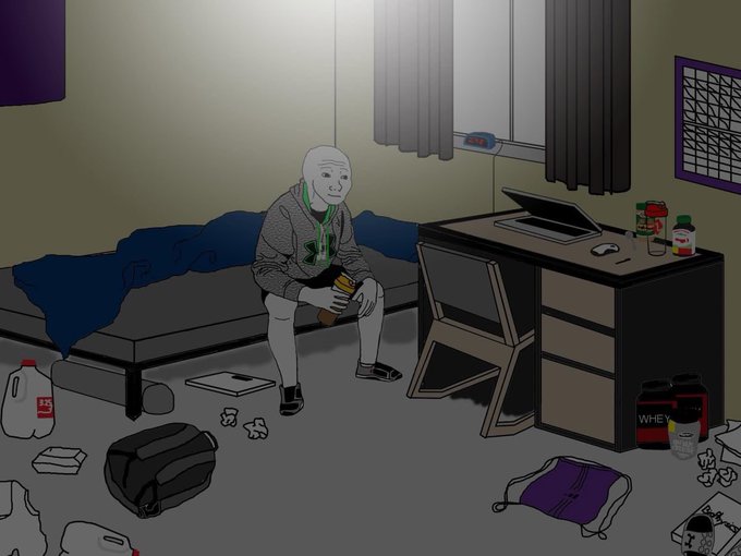 A sad Wojak sits in a messy room, slouched on a bed holding a protein shake next to a laptop, surrounded by trash and a bucket of whey protein. The caption "scrolling peacefully until you find out someone aped your entire portfolio into a memecoin" captures his dejected mood—lost in trading losses while the chaos of his cramped, cluttered "WAGMI" lifestyle surrounds him.