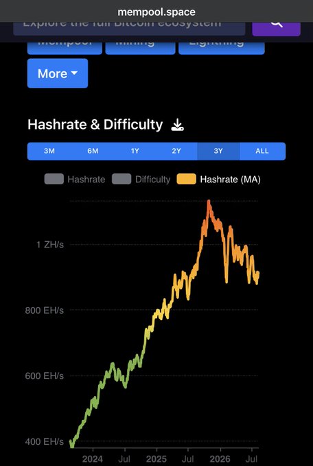 A chart from mempool.space showing Bitcoin's Hashrate & Difficulty from 2024 through July 2026, with the hashrate climbing from ~400 EH/s to a peak above 1 ZH/s before declining. The visualization illustrates the "persistent hashpower bear market" referenced in the post, as the recent downturn represents the first sustained period of declining Bitcoin mining hashrate long-term holders have witnessed.