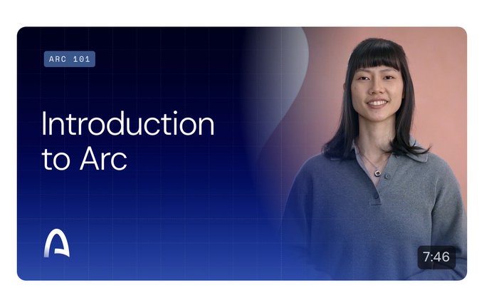 A video thumbnail titled "Introduction to Arc" labeled "ARC 101" with a duration of 7:46, featuring a woman in a blue sweater against a blue gradient background with the Arc logo. The image represents an introductory lesson on Arc, the EVM-compatible L1 blockchain highlighted in the post, covering its foundational features like USDC-native fees and cross-chain interoperability.