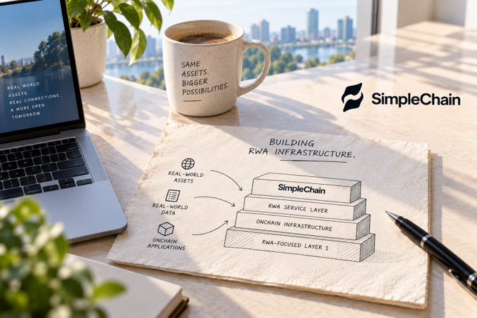 A promotional image for SimpleChain showing a hand-drawn diagram on a napkin that outlines building RWA infrastructure, alongside a coffee mug and laptop on a desk.