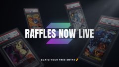 A promotional graphic reading 'RAFFLES NOW LIVE' with a 'CLAIM YOUR FREE ENTRY' button, displaying trading cards in the background.
