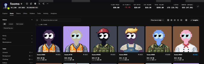 A screenshot of the fooms.xyz NFT marketplace on the X platform, displaying various NFT collections with floor prices and trading statistics, including items like "fooms.#000" priced at $59.96.