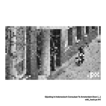 A heavily pixelated black and white image of a corridor with figures, captioned 'Gizpeling In Indonesiaich Consulaat Te Amsterdam Door [...] wiki_hack.px #4'.