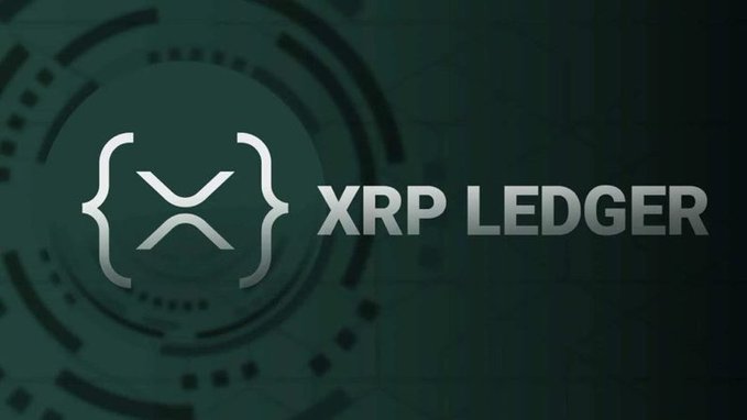 The image displays the "XRP LEDGER" logo, featuring the stylized "X" symbol within curly braces, set against a dark green technological background. It visually represents the post's message about a surge in $XRP Ledger account creation, highlighting the heightened network activity on the XRP blockchain.