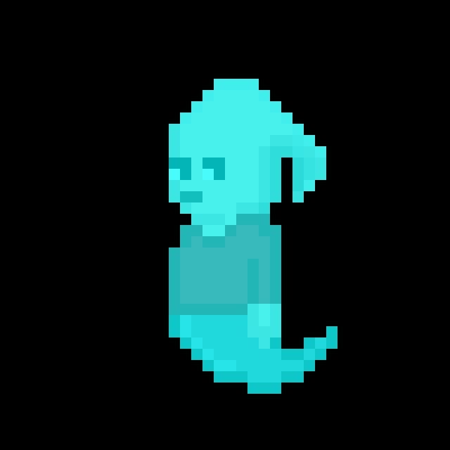 The image features a blue-green pixel art ghost standing against a black background, giving it an ethereal appearance. Below the ghost, there's text that reads "Respect artists and see the results", which could be a caption or a message related to the artwork. The combination of the ghost and the accompanying text creates a visually appealing scene for viewers who appreciate pixel art and its unique style.