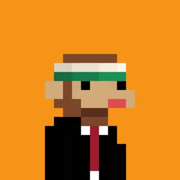 A pixel art portrait of a character wearing a black suit, red tie, and a green and white headband against a solid orange background.
