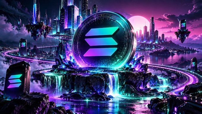 A futuristic cityscape features a large glowing Solana logo emblem surrounded by neon-lit skyscrapers, waterfalls, and a pink-purple sky.