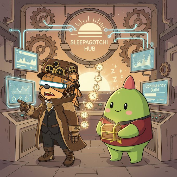 A steampunk-style illustration shows a bear character in a trench coat and goggles alongside a green blob character holding a treasure chest, standing before a 'SLEEPAGOTCHI HUB' control panel with screens displaying 'Consistency Build'.