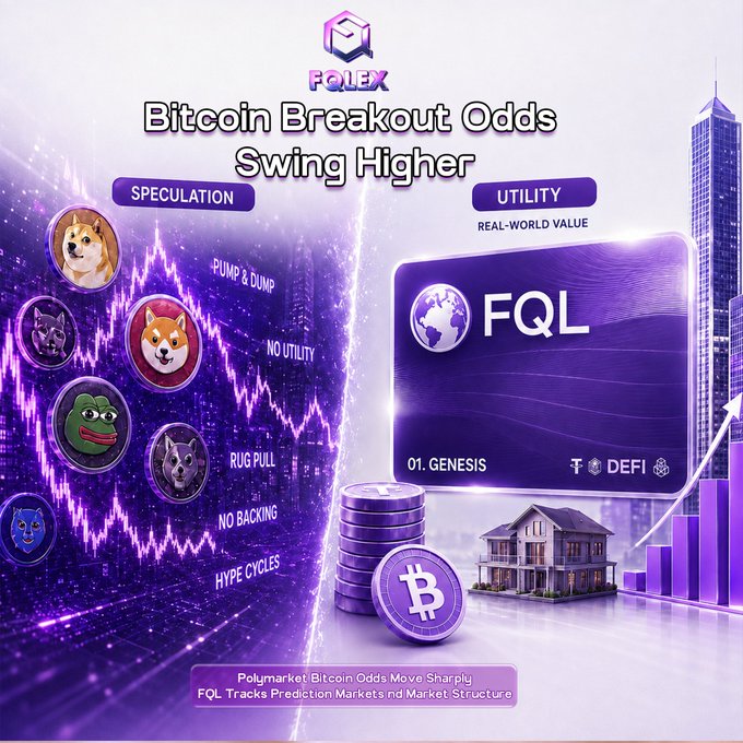 A promotional graphic for FQL Exchange featuring the headline "Bitcoin Breakout Odds Swing Higher," contrasting speculative meme coins (labeled with terms like "Pump & Dump," "No Utility," and "Rug Pull") on the "Speculation" side with FQL token's "Utility" and "Real-World Value" on the other, alongside Bitcoin imagery, a house, and a 3D bar chart.