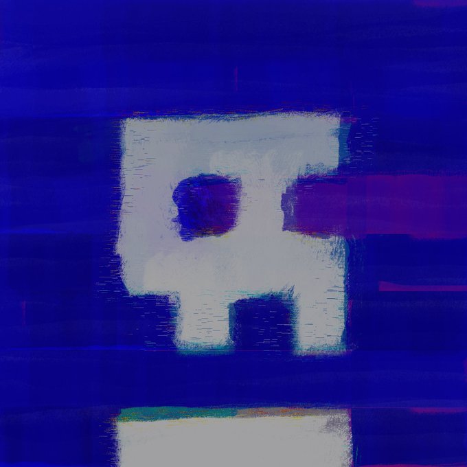 An abstract painting featuring a white ghostly figure with hollow eyes against a vibrant blue background with purple and magenta horizontal streaks.
