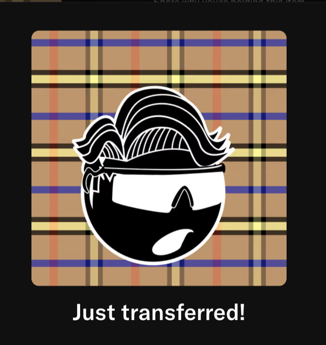 A graphic showing a cartoon sticker of a person with styled hair and a headset over a plaid background, with the caption 'Just transferred!' below.
