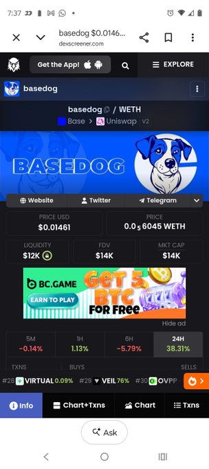 A DexScreener page shows the BASEDOG token priced at $0.01461 with a $14K FDV and a 38.31% gain in 24 hours, ranked #28 on the platform.