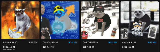 Four NFT listings on a marketplace featuring 'Cash Cat' items (#880, #8993, #6998, #231) with prices in ETH ranging from ₽6.324 to ₽1.680.