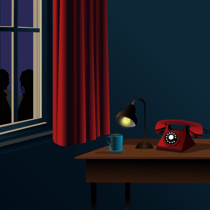 A digital illustration of a dimly lit room with red curtains, a desk holding a glowing lamp, a mug, and a red rotary phone, with two silhouetted figures visible through the window.