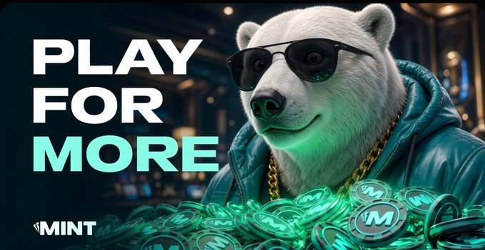 A stylized white bear wearing sunglasses and a blue hoodie sits atop a pile of glowing "M" tokens beside bold "PLAY FOR MORE" text and the MINT logo, visually reinforcing the post's message about MINT's activity-based community reward system that allocates 30% of the 1B $MNTD supply to players.