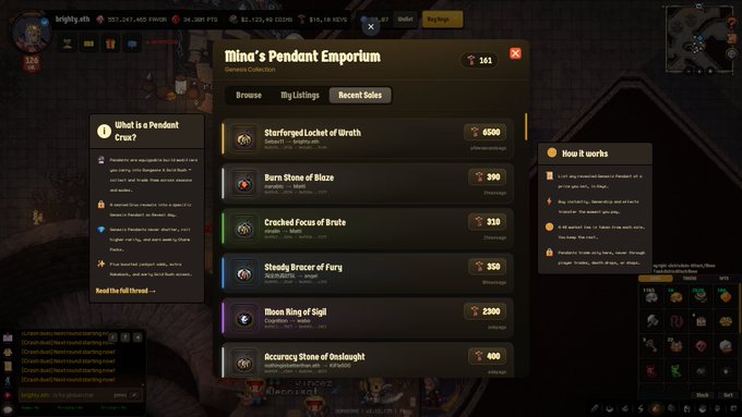 The image shows the in-game shop "Mina's Pendant Emporium" from Torchlight Infinite, displaying various purchasable pendants with prices ranging from 350 to 6590 currency, including items like "Burp Stone of Blaze" (390) and "Boars Ring of Sigil" (2300). This relates to the post as the player likely acquired a high-end pendant for dungeon and gold farming purposes, with the visible interface supporting their purchase of a powerful gear piece for their ARPG character build.