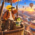An illustration showing what appears to be a character in a hot air balloon basket with mountains and other balloons visible in the background during sunset.